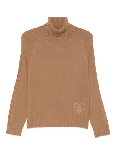 Liu •jo Turtleneck Logo-detail Sweater In Brown