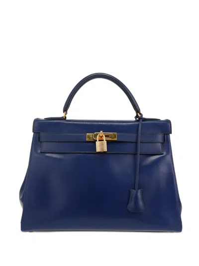 Pre-owned Hermes 1991 Kelly 32 Leather Tote Bag In Blue