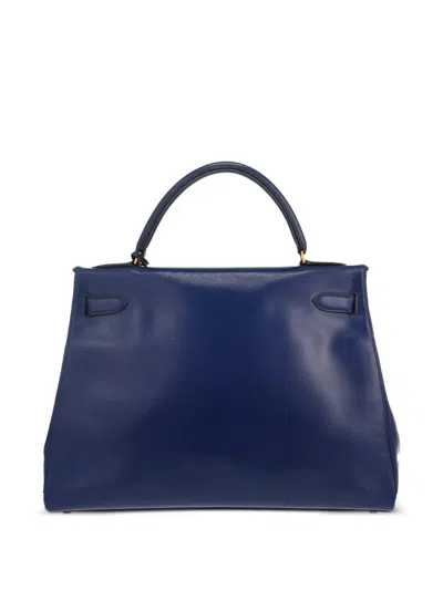 Pre-owned Hermes 1991 Kelly 32 Leather Tote Bag In Blue