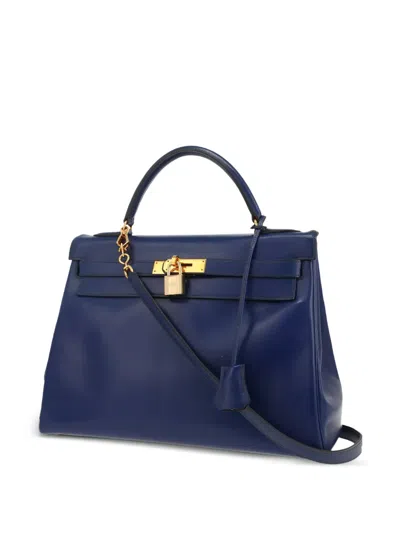 Pre-owned Hermes 1991 Kelly 32 Leather Tote Bag In Blue