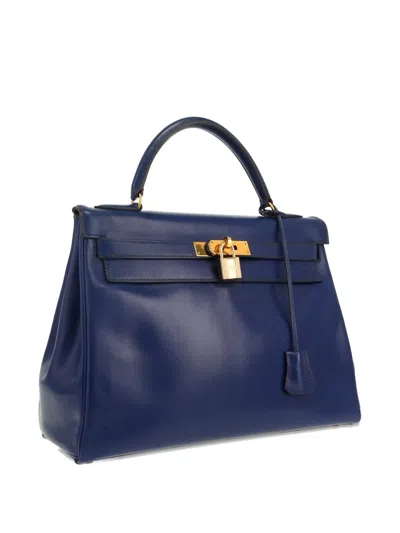 Pre-owned Hermes 1991 Kelly 32 Leather Tote Bag In Blue