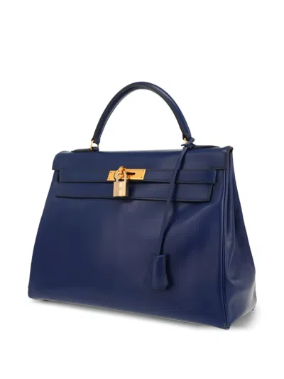 Pre-owned Hermes 1991 Kelly 32 Leather Tote Bag In Blue