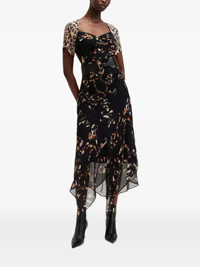 Allsaints Leah Animal-print Asymmetric Dress In Black