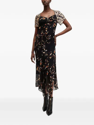 Allsaints Leah Animal-print Asymmetric Dress In Black