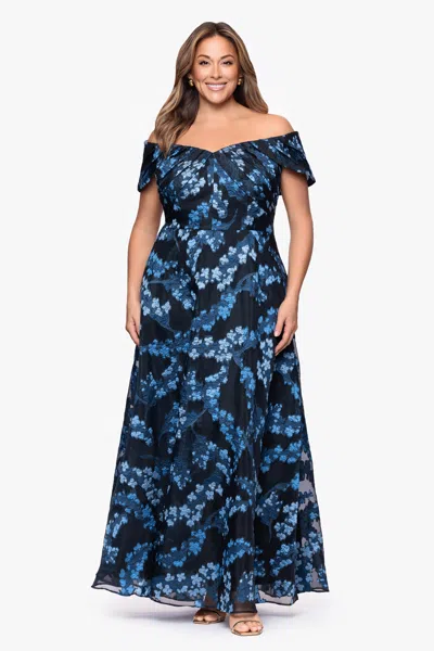 Betsy & Adam Plus "amaira" Organza Brocade Off The Shoulder Floor Length Dress In Multi
