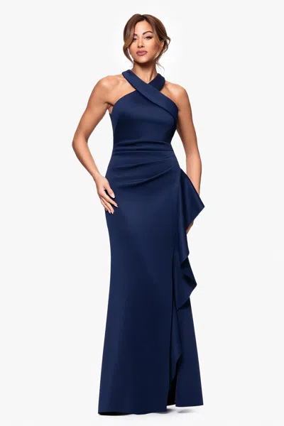 Xscape Evenings Petite "gigi" Scuba Cross Neck Ruffle Floor Length Dress In Blue