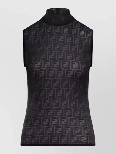 Fendi Women Black Crewneck Sleeveless Top With All-over Ff Motif And Rear Zip Closure In Tech Fabric