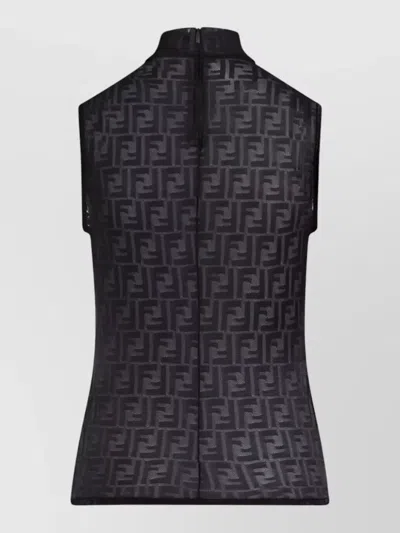 Fendi Women Black Crewneck Sleeveless Top With All-over Ff Motif And Rear Zip Closure In Tech Fabric