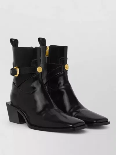 Versace Stylish Ankle Strap Block Heel Boots In Black