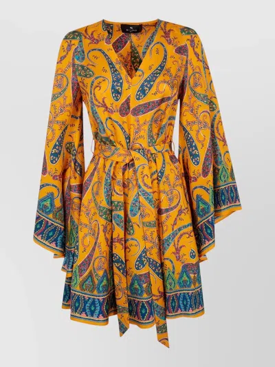 Etro Paisley Pattern Mini Dress With Belted Waist In Orange