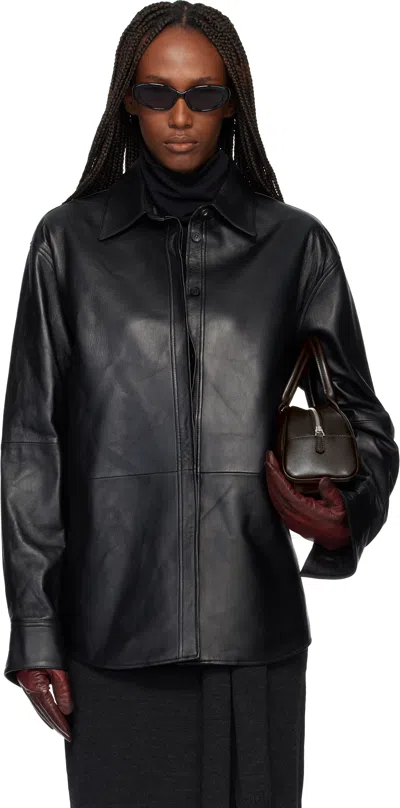 Tonywack Black Leather Hidden Button Shirt In Black