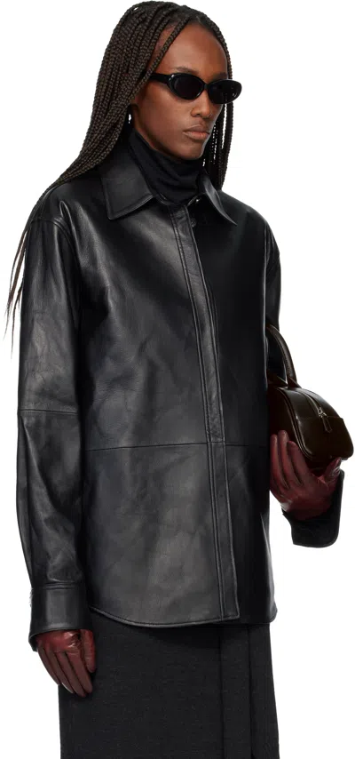 Tonywack Black Leather Hidden Button Shirt In Black