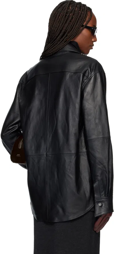 Tonywack Black Leather Hidden Button Shirt In Black