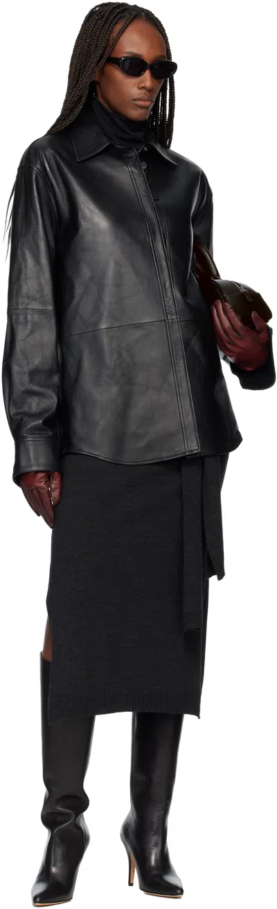 Tonywack Black Leather Hidden Button Shirt In Black