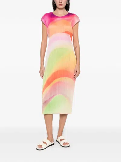 Issey Miyake Pleated V-neck Dress In Multi