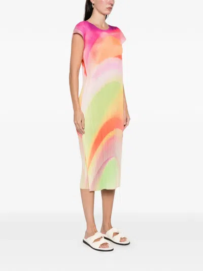 Issey Miyake Pleated V-neck Dress In Multi