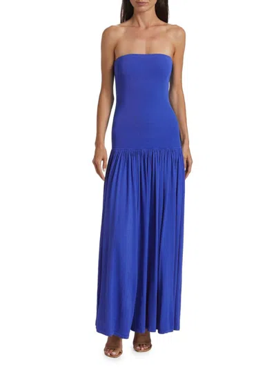 Zimmermann Maxine Strapless Ribbed Gathered Stretch-knit Maxi Dress In Blue