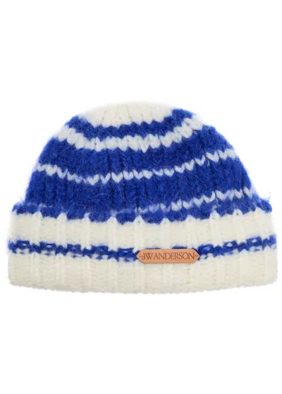 Jw Anderson Striped Brushed Alpaca-blend Beanie In Blue