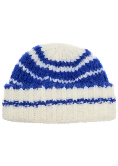 Jw Anderson Striped Brushed Alpaca-blend Beanie In Blue