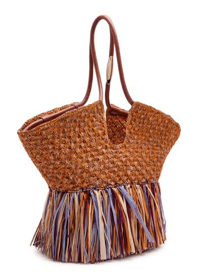 Zimmermann Goldentime Medium Fringed Raffia Tote Bag In Neutral