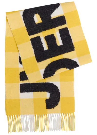 Jw Anderson Logo Checked Wool-blend Scarf In Yellow