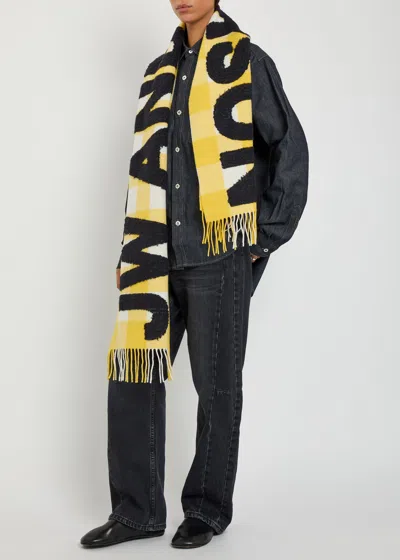Jw Anderson Logo Checked Wool-blend Scarf In Yellow