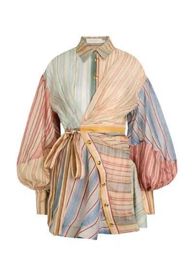 Zimmermann Rebellion Multicolor Midi Dress With Bow Detail On The Front And All-over Striped Motif In Linen And In Multi