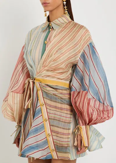 Zimmermann Rebellion Multicolor Midi Dress With Bow Detail On The Front And All-over Striped Motif In Linen And In Multi