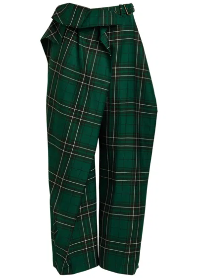 Jw Anderson Draped Layered Checked Wool-twill Wide-leg Pants In Green