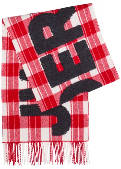 Jw Anderson Logo Checked Wool-blend Scarf In Red