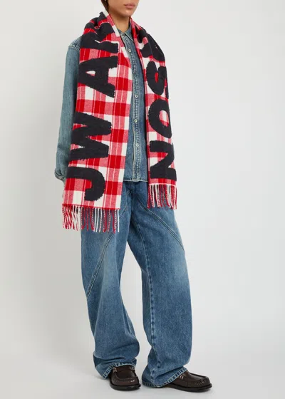 Jw Anderson Logo Checked Wool-blend Scarf In Red
