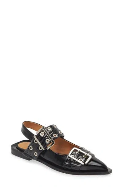 Ganni Womens Black Buckle-embellished Slingback Leather Ballet Flats In Black
