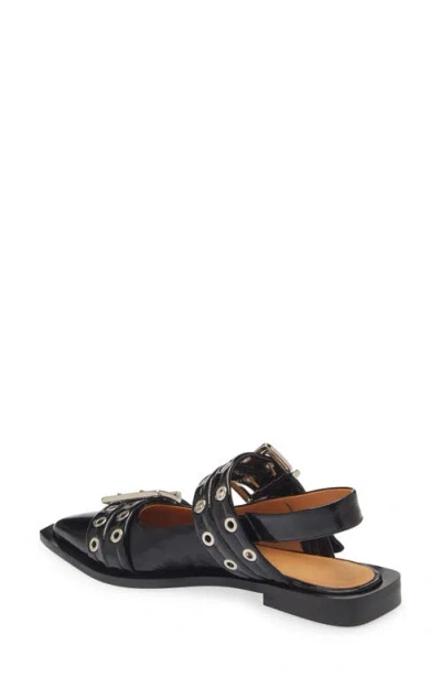 Ganni Womens Black Buckle-embellished Slingback Leather Ballet Flats In Black