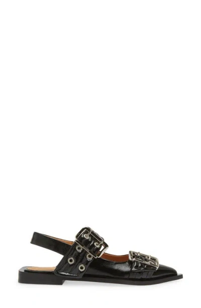 Ganni Womens Black Buckle-embellished Slingback Leather Ballet Flats In Black