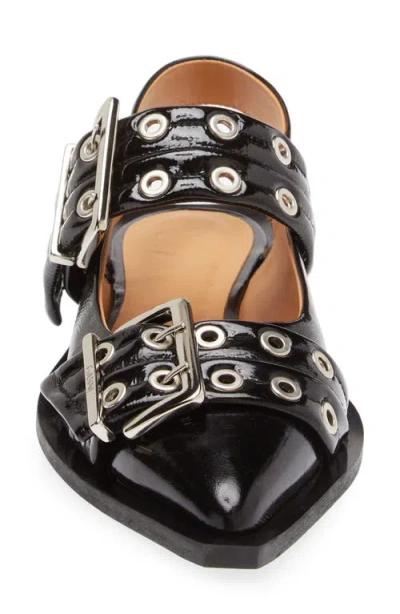 Ganni Womens Black Buckle-embellished Slingback Leather Ballet Flats In Black