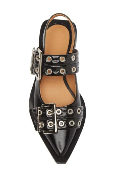 Ganni Womens Black Buckle-embellished Slingback Leather Ballet Flats In Black