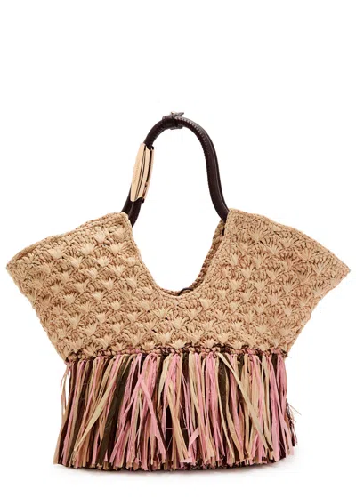 Zimmermann Goldentime Small Fringed Raffia Tote Bag In Red