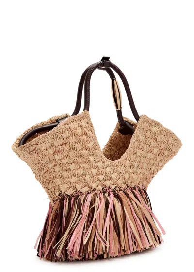 Zimmermann Goldentime Small Fringed Raffia Tote Bag In Red