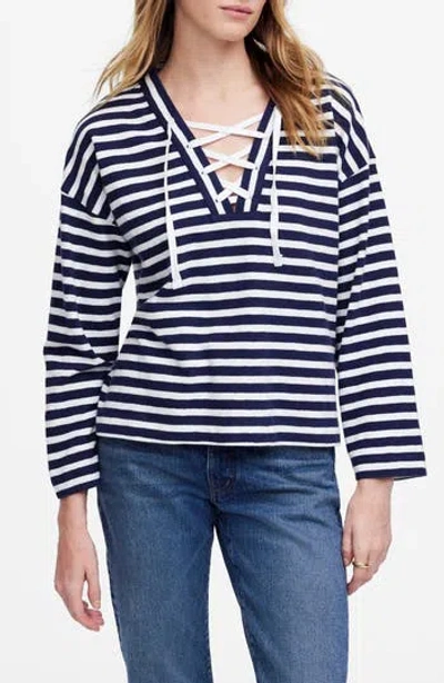 Madewell Stripe Lace-up Long Sleeve Top In Blue