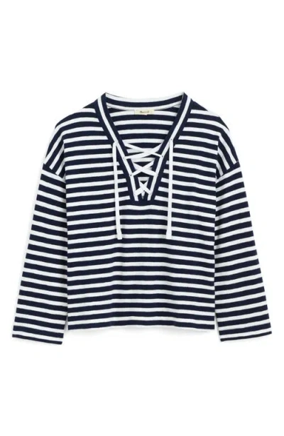 Madewell Stripe Lace-up Long Sleeve Top In Blue