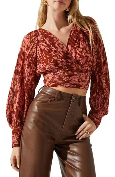 Astr Pernille Pleated Floral Puff Sleeve Top In Rust In Brown