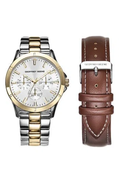 Geoffrey Beene Ez Change Bracelet Strap & Leather Strap Multifunction Watch, 41mm In Gold