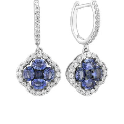 Effy Sterling Silver Blue & White Sapphire Quatrefoil Drop Huggie Hoop Earrings In Blue