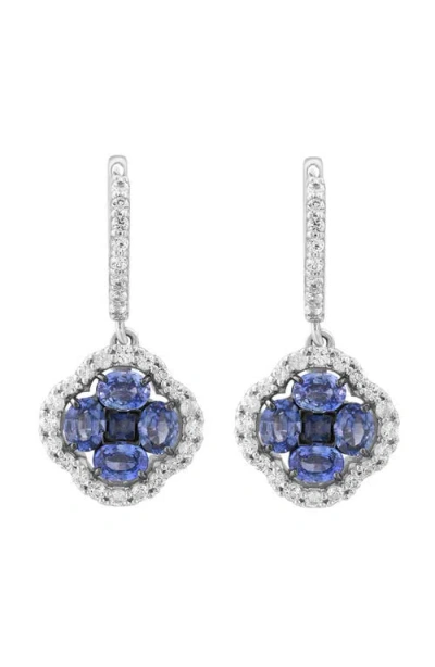 Effy Sterling Silver Blue & White Sapphire Quatrefoil Drop Huggie Hoop Earrings In Blue
