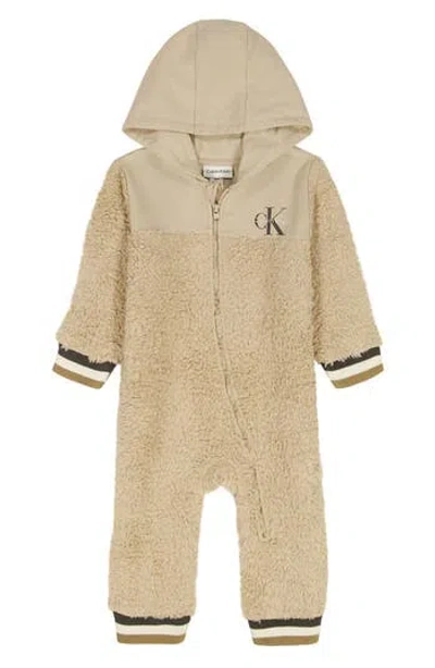 Calvin Klein Fleece Hooded Romper In Brown