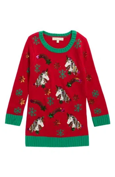 Margaux And Lexi Kids' Sequin Unicorn Tunic Sweater In Red