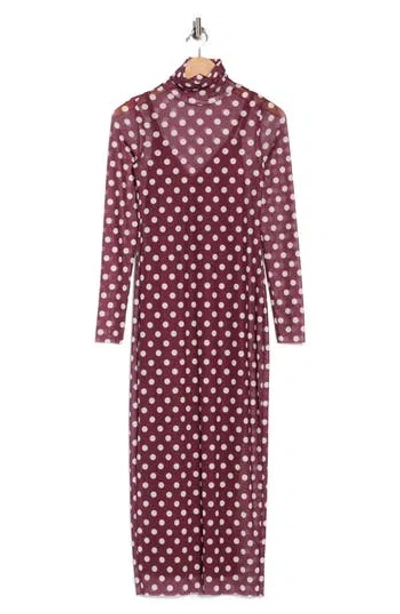 Afrm Los Angeles Marni Turtleneck Long Sleeve Mesh Dress In Burgundy