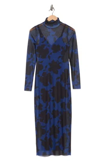 Afrm Los Angeles Marni Turtleneck Long Sleeve Mesh Dress In Blue
