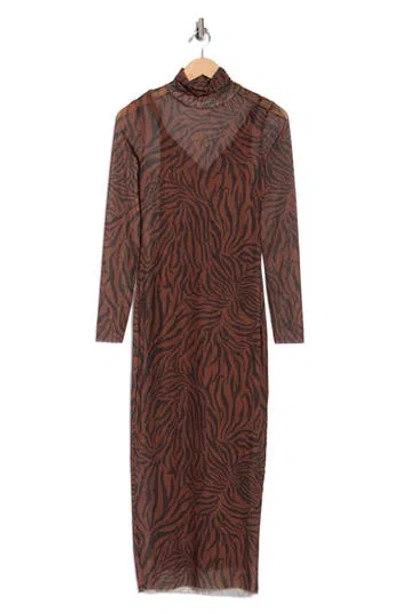 Afrm Los Angeles Marni Turtleneck Long Sleeve Mesh Dress In Brown