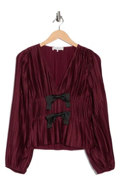 Wayf Bow Long Sleeve Plissé Top In Red